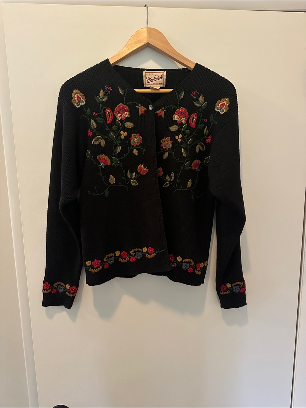 Woolrich Black Cardigan with Multicolor Floral Embroidery